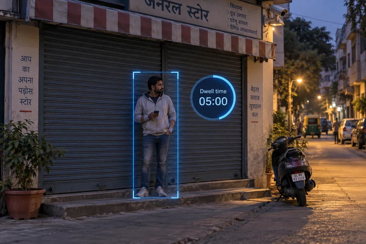Illustration of a dwell-time counter beside a person waiting near a closed Indian shop