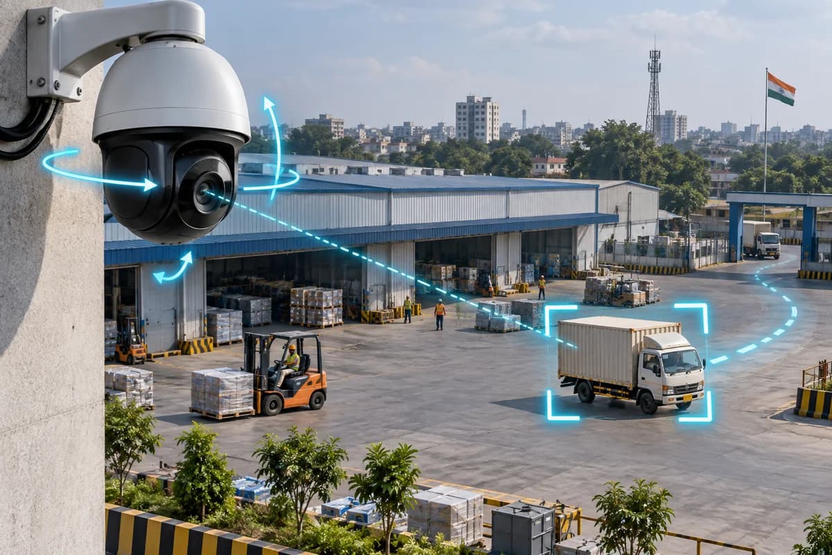 Illustration of a motorised PTZ camera following a truck in an Indian industrial yard