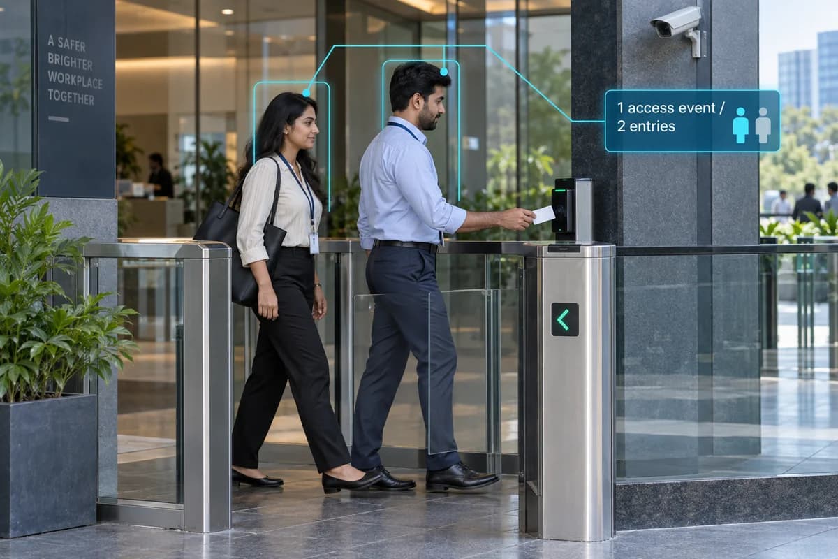 Illustration of two office employees following through one access gate with one card event
