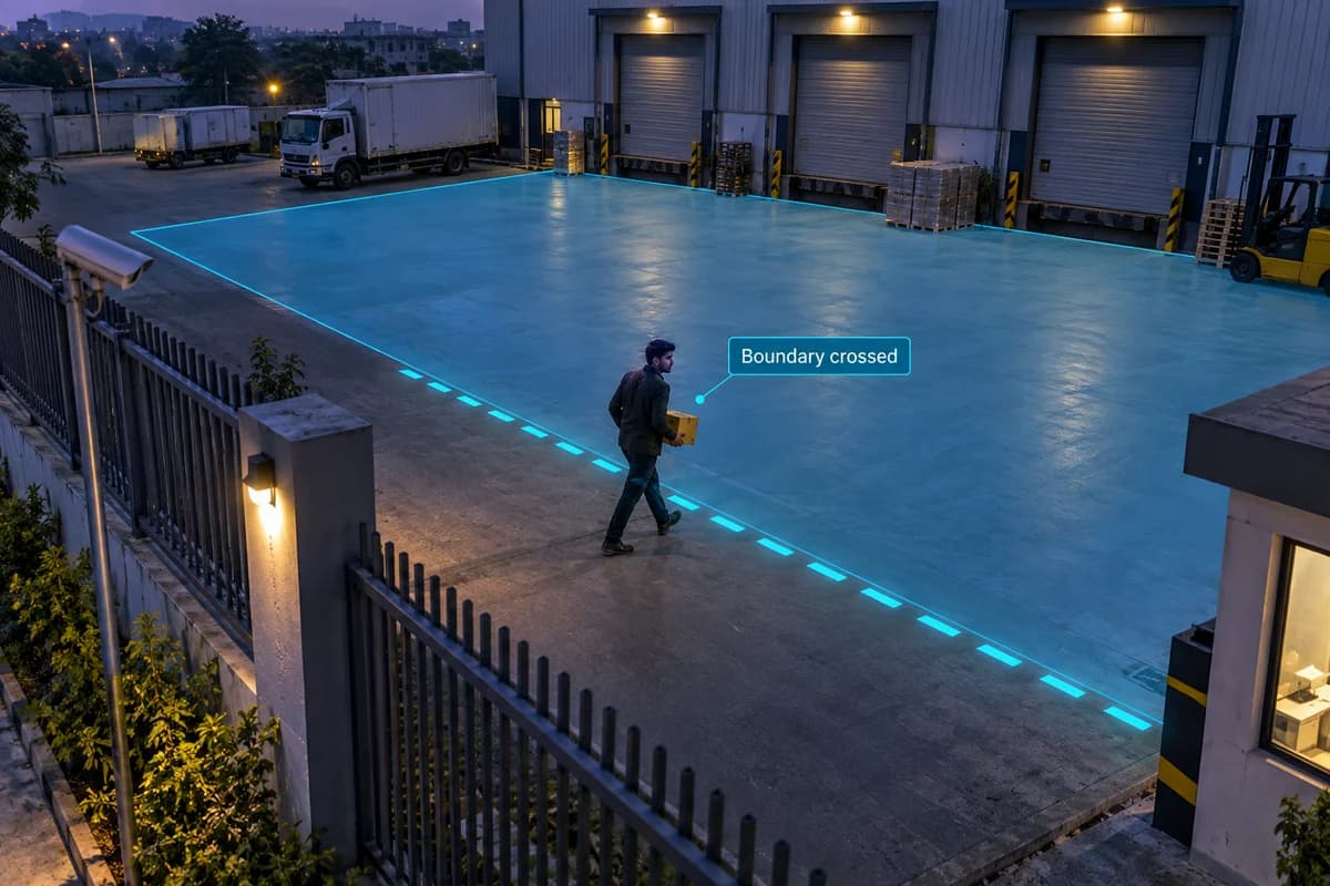 Illustration of a person crossing a virtual boundary at an Indian warehouse