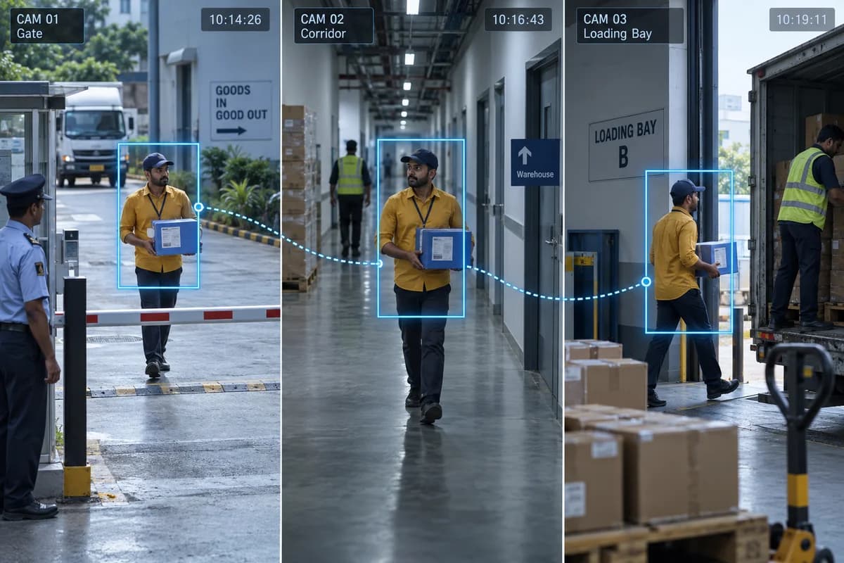 Illustration matching the same delivery worker across gate, corridor and loading-bay cameras