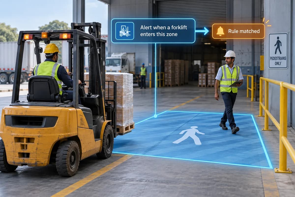Illustration of a written forklift rule triggering a zone-entry notification