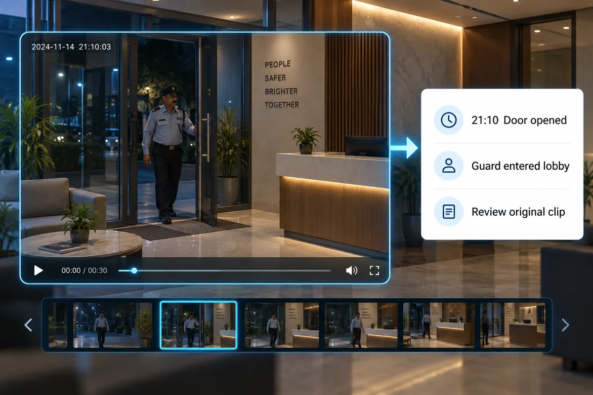 Illustration converting an office entry video into a readable event summary