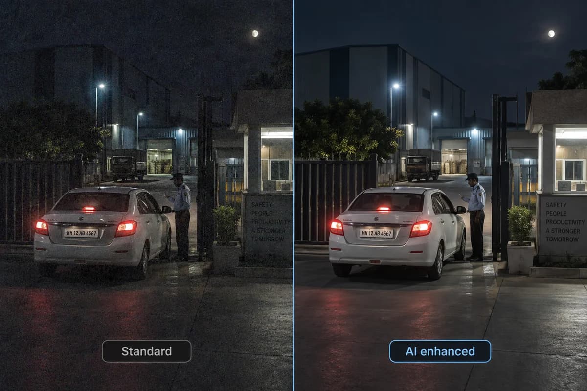 Illustrative comparison of noisy and clearer footage of the same Indian factory gate at night