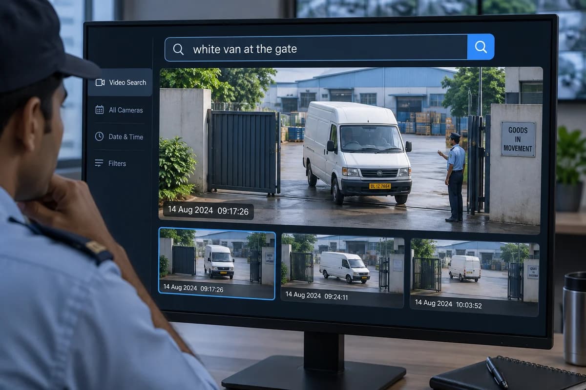Illustration of a text query finding white-van footage at an Indian warehouse gate