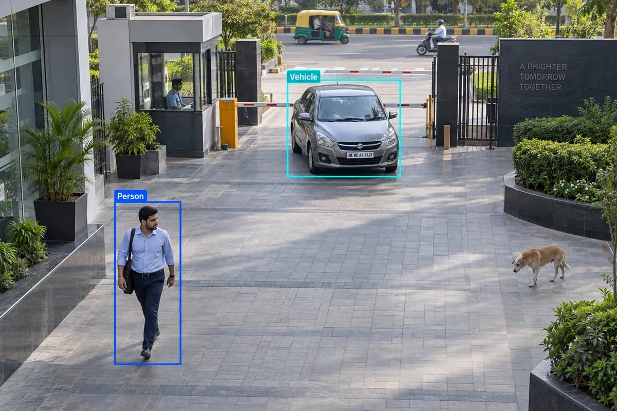 Illustration distinguishing a person and vehicle while leaving a dog unboxed