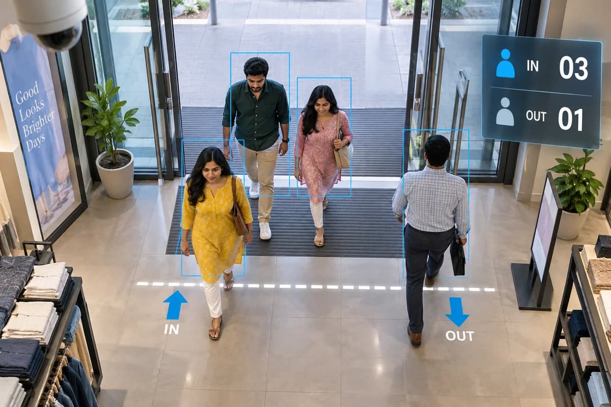 Illustration counting people entering and leaving an Indian retail store