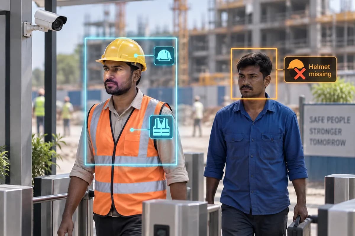 Illustration identifying a hard hat and vest and flagging another worker without a helmet