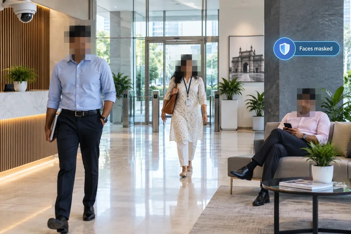 Illustration of three office visitors with their faces obscured by mosaic masks