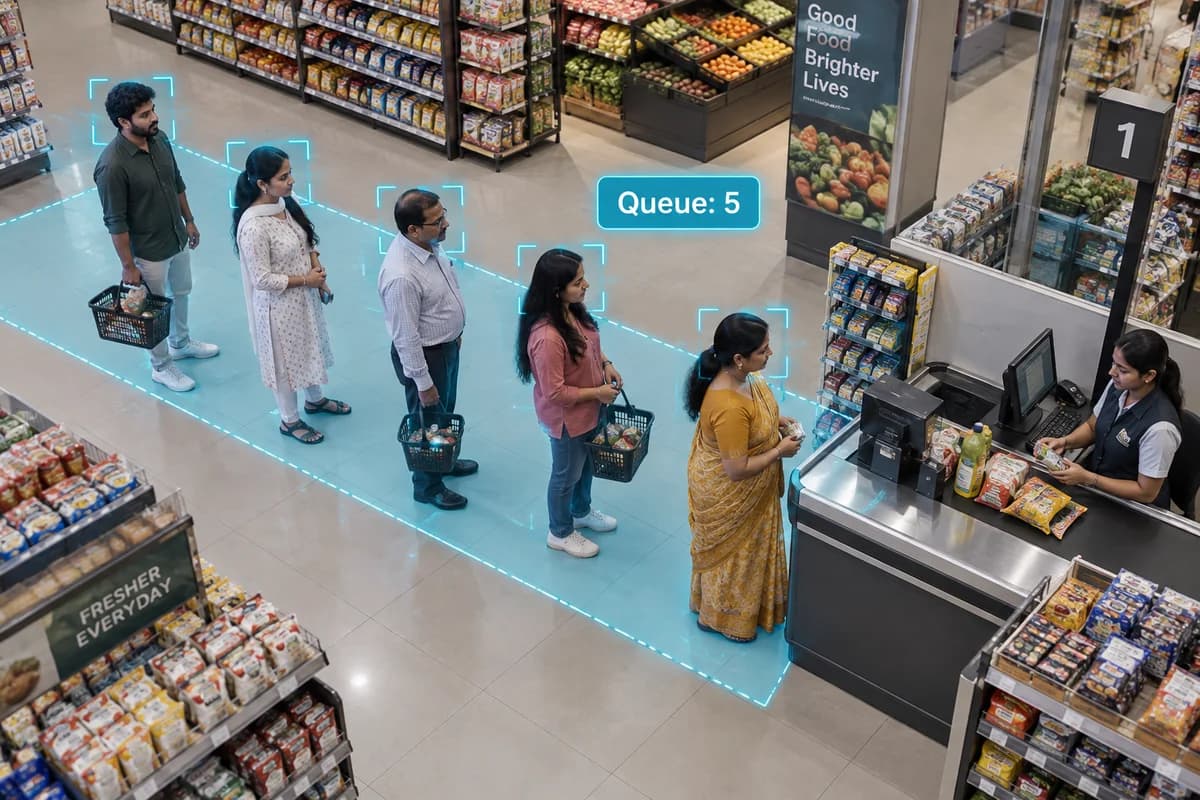 Illustration of five shoppers in a monitored supermarket billing queue