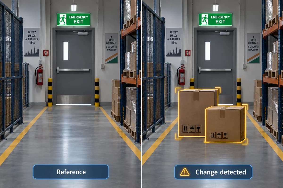 Illustration comparing a clear warehouse exit with cartons newly blocking the same corridor