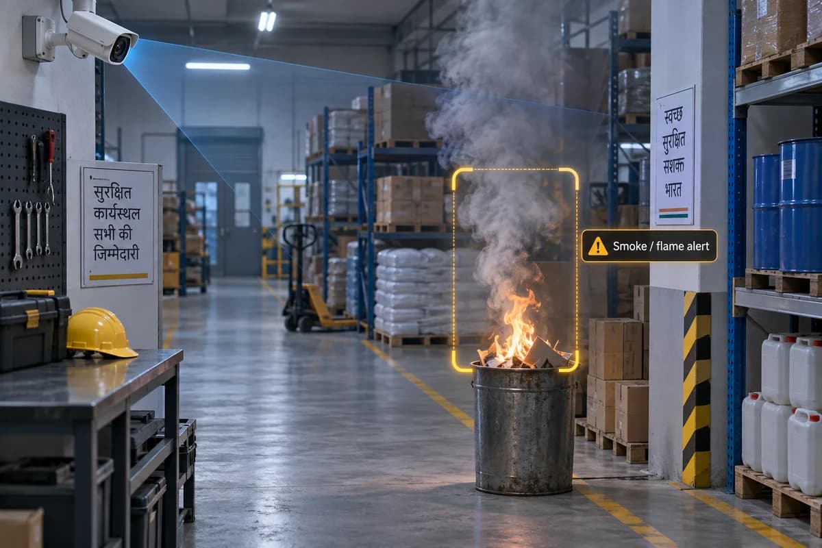 Illustration of video analytics marking smoke and flames rising from an industrial waste bin