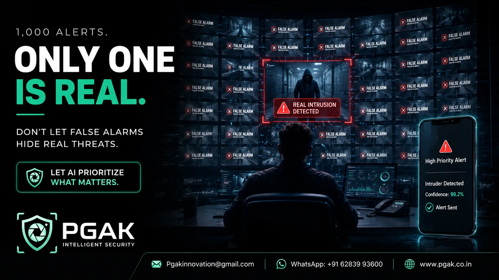 A wall of "false alarm" screens with the single real intrusion highlighted